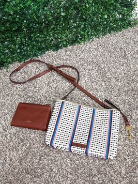 Fossil white Crossbody with Blue and Red Stripes and Brown Leather wallet set